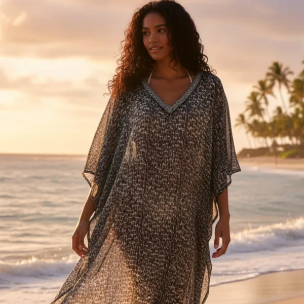 Modern Ocean Γυναικείο oversized καφτάνι animal print με V  διακοσμημένο με χάντρες πολυτελείας 1652.5