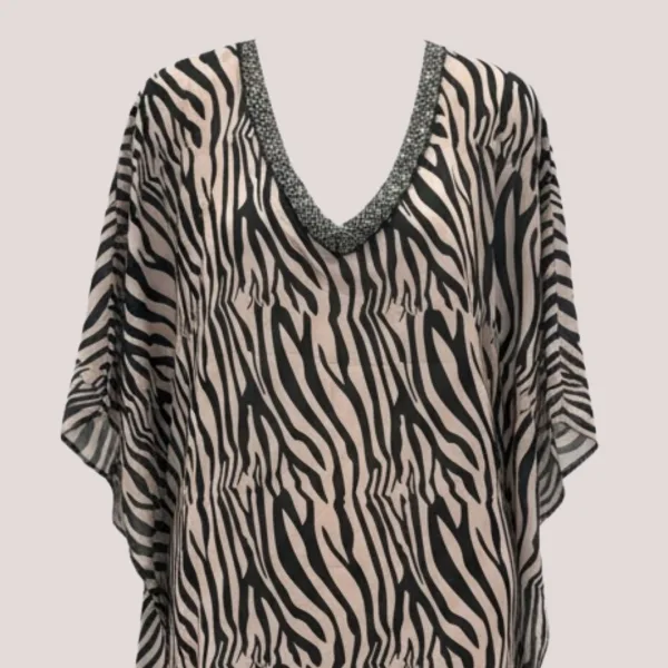 Modern Ocean Γυναικείο oversized καφτάνι animal print με V  διακοσμημένο με χάντρες πολυτελείας 1652.9