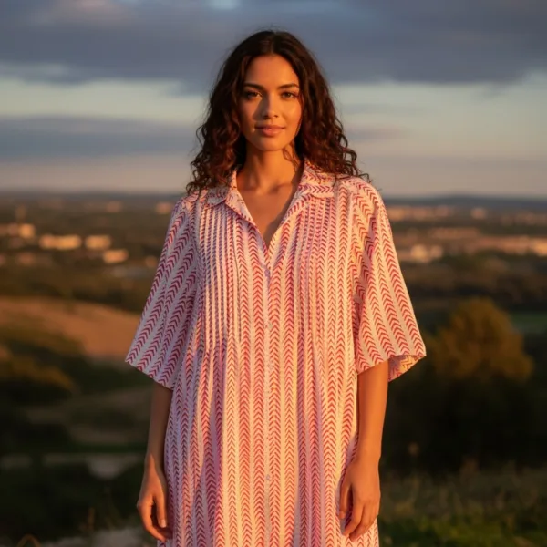 Γυναικείο βαμβακερό καφτάνι πουκαμίσα μέχρι το γόνατο λευκό με σχέδιο φούξια ψαροκόκαλο 24-109 FUCHSIA 