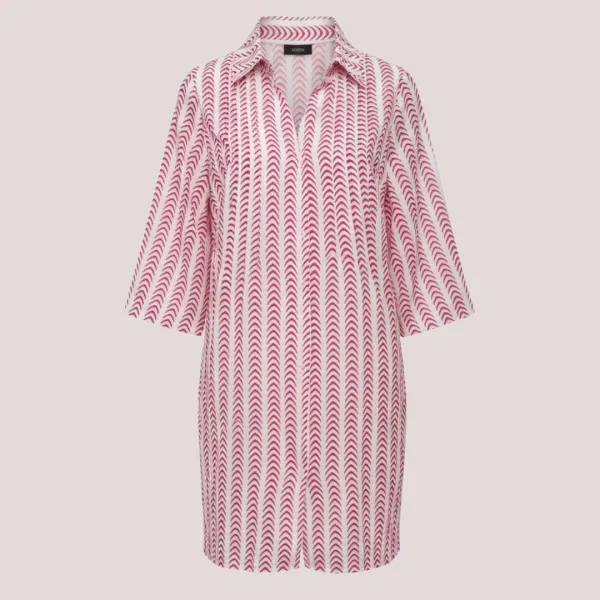 Γυναικείο βαμβακερό καφτάνι πουκαμίσα μέχρι το γόνατο λευκό με σχέδιο φούξια ψαροκόκαλο 24-109 FUCHSIA 