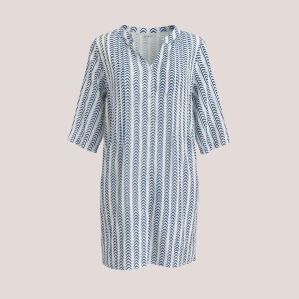 Γυναικείο βαμβακερό καφτάνι  μέχρι το γόνατο λευκό με σχέδιο μπλέ ψαροκόκαλο ONE SIZE  24-109 blue