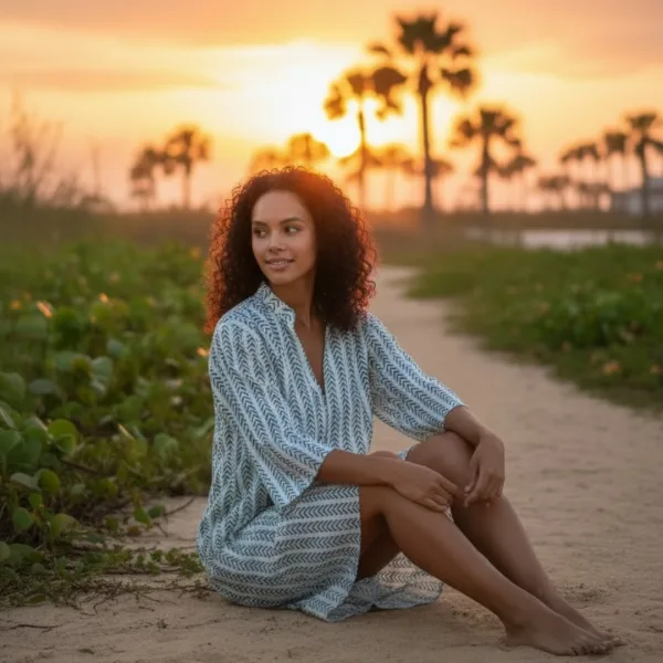 Γυναικείο βαμβακερό καφτάνι πουκαμίσα μέχρι το γόνατο λευκό με σχέδιο πετρόλ ψαροκόκαλο 24-109 Petrol