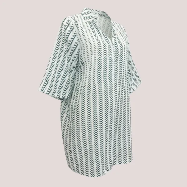 Γυναικείο βαμβακερό καφτάνι πουκαμίσα μέχρι το γόνατο λευκό με σχέδιο πετρόλ ψαροκόκαλο 24-109 Petrol