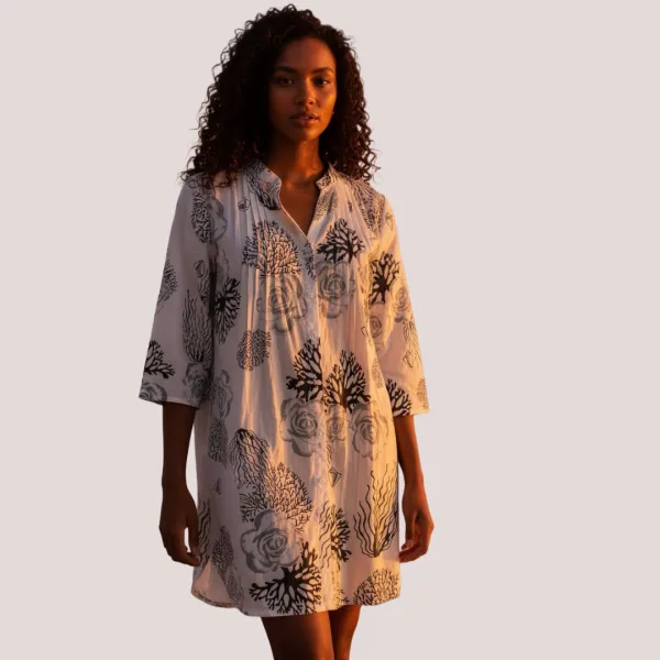 Γυναικείο λευκό καφτάνι 100% cotton πουκαμίσα μέχρι το γόνατο με σχέδια κοράλια & Λουλούδια μαύρα One size 24128