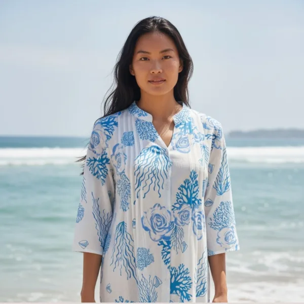 Γυναικείο λευκό καφτάνι 100% cotton πουκαμίσα μέχρι το γόνατο με σχέδια κοράλια & Λουλούδια μπλέ One size 24128