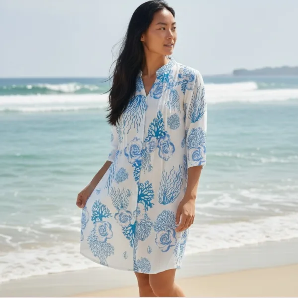 Γυναικείο λευκό καφτάνι 100% cotton πουκαμίσα μέχρι το γόνατο με σχέδια κοράλια & Λουλούδια μπλέ One size 24128