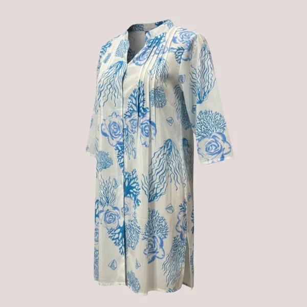 Γυναικείο λευκό καφτάνι 100% cotton πουκαμίσα μέχρι το γόνατο με σχέδια κοράλια & Λουλούδια μπλέ One size 24128