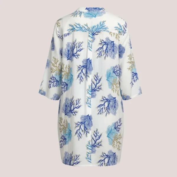 Γυναικείο καφτάνι 100% cotton πουκαμίσα μέχρι το γόνατο με υπέροχο σχέδια κοράλια λευκό χρυσό & αποχρώσεις του  μπλε One size 24135 