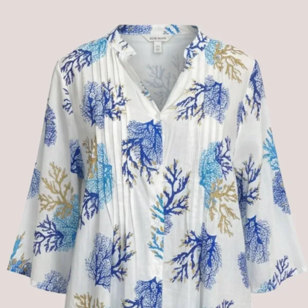 Γυναικείο καφτάνι 100% cotton πουκαμίσα μέχρι το γόνατο με υπέροχο σχέδια κοράλια λευκό χρυσό & αποχρώσεις του  μπλε One size 24135 