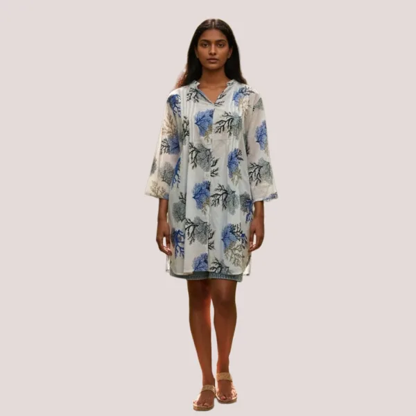 Γυναικείο καφτάνι 100% cotton πουκαμίσα μέχρι το γόνατο με υπέροχο σχέδια κοράλια χρυσό μαύρο & μπλε One size 24135 