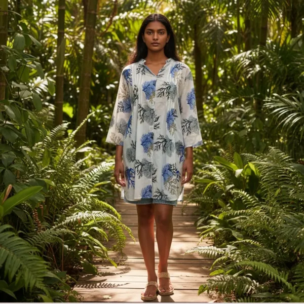 Γυναικείο καφτάνι 100% cotton πουκαμίσα μέχρι το γόνατο με υπέροχο σχέδια κοράλια χρυσό μαύρο & μπλε One size 24135 