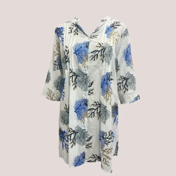 Γυναικείο καφτάνι 100% cotton πουκαμίσα μέχρι το γόνατο με υπέροχο σχέδια κοράλια χρυσό μαύρο & μπλε One size 24135 