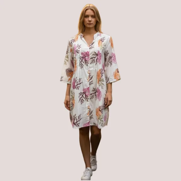 Γυναικείο καφτάνι 100% cotton πουκαμίσα μέχρι το γόνατο με υπέροχο σχέδια κοράλια χρυσό πορτοκαλί & φούξια One size 24135 