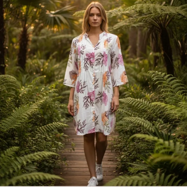 Γυναικείο καφτάνι 100% cotton πουκαμίσα μέχρι το γόνατο με υπέροχο σχέδια κοράλια χρυσό πορτοκαλί & φούξια One size 24135 