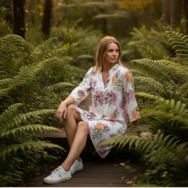 Γυναικείο καφτάνι 100% cotton πουκαμίσα μέχρι το γόνατο με υπέροχο σχέδια κοράλια χρυσό πορτοκαλί & φούξια One size 24135 