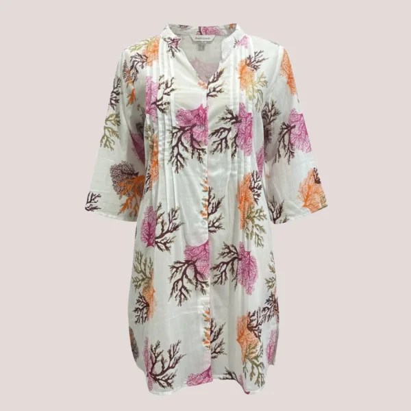 Γυναικείο καφτάνι 100% cotton πουκαμίσα μέχρι το γόνατο με υπέροχο σχέδια κοράλια χρυσό πορτοκαλί & φούξια One size 24135 