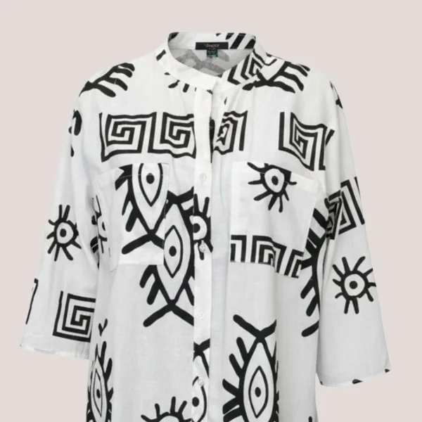 Γυναικείο λευκό & Μαύρο καφτάνι 100% cotton πουκαμίσα μέχρι το γόνατο  One size plus size με τσέπες μπροστά & σχέδιο μάτια & μοτίβα SP262515D2