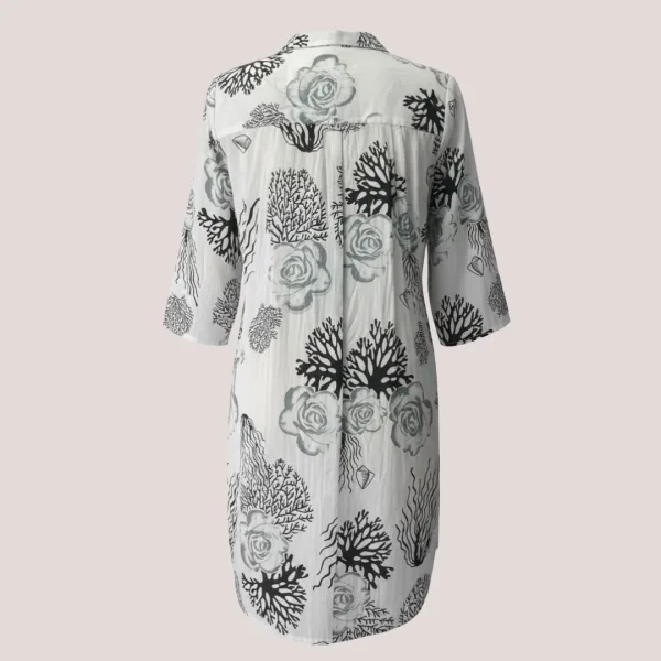 Γυναικείο λευκό καφτάνι 100% cotton πουκαμίσα μέχρι το γόνατο με σχέδια κοράλια & Λουλούδια μαύρα One size 24128