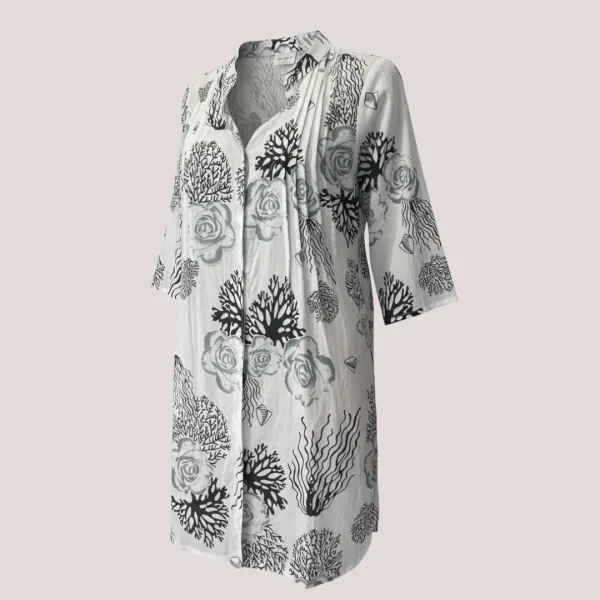 Γυναικείο λευκό καφτάνι 100% cotton πουκαμίσα μέχρι το γόνατο με σχέδια κοράλια & Λουλούδια μαύρα One size 24128