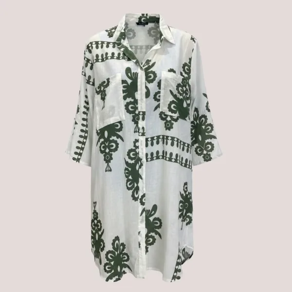 Γυναικείο λευκό & χακί green olive καφτάνι 100% cotton πουκαμίσα μέχρι το γόνατο  One size plus size με τσέπες μπροστά & σχέδια  SP2515D10