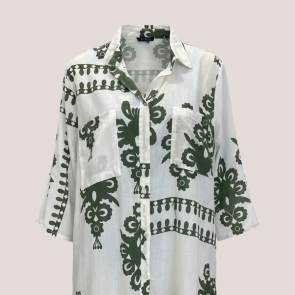 Γυναικείο λευκό & χακί green olive καφτάνι 100% cotton πουκαμίσα μέχρι το γόνατο  One size plus size με τσέπες μπροστά & σχέδια  SP2515D10