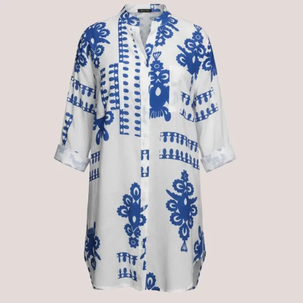 Γυναικείο λευκό & μπλέ σκούρο Blue Navy καφτάνι 100% cotton πουκαμίσα μέχρι το γόνατο  One size plus size με τσέπες μπροστά & σχέδια  SP2515D10