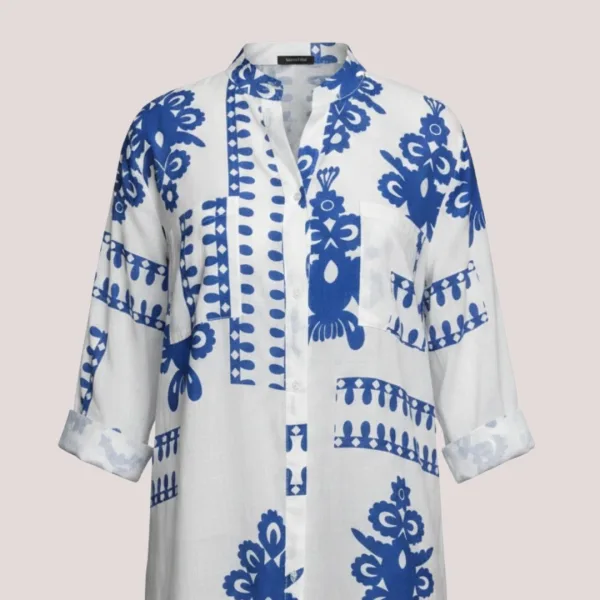 Γυναικείο λευκό & μπλέ σκούρο Blue Navy καφτάνι 100% cotton πουκαμίσα μέχρι το γόνατο  One size plus size με τσέπες μπροστά & σχέδια  SP2515D10