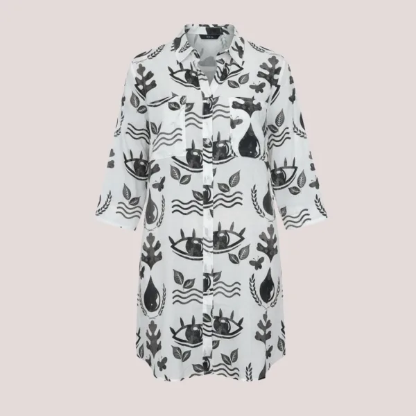 Γυναικείο λευκό καφτάνι 100% cotton πουκαμίσα μέχρι το γόνατο μαύρο black floral One size SP2515D6