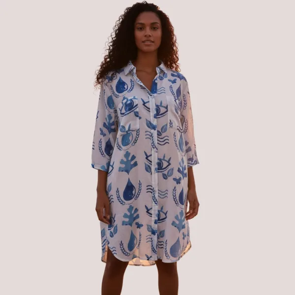 Γυναικείο λευκό καφτάνι 100% cotton πουκαμίσα μέχρι το γόνατο  blue μπλέ floral One size SP2515D6