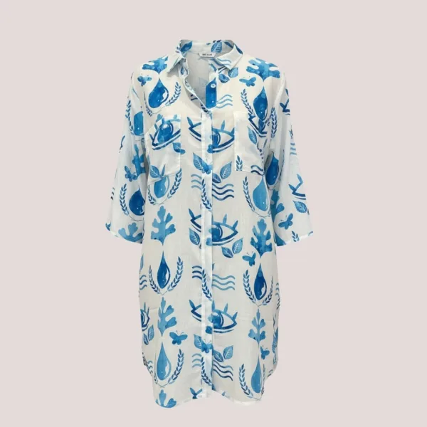 Γυναικείο λευκό καφτάνι 100% cotton πουκαμίσα μέχρι το γόνατο  blue μπλέ floral One size SP2515D6
