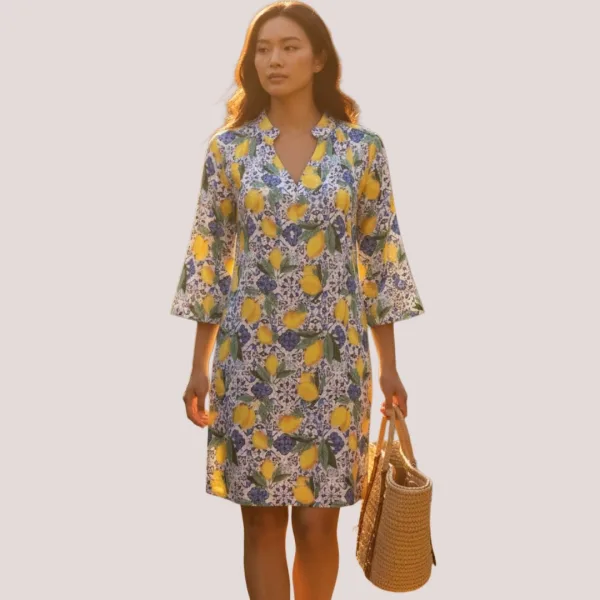 Γυναικείο καφτάνι 100% cotton πουκαμίσα μέχρι το γόνατο με υπέροχο σχέδιο λεμόνια και μπλέ σχέδια SP251981D5 One Size s-xl