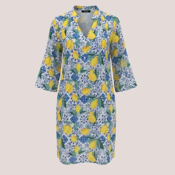 Γυναικείο καφτάνι 100% cotton πουκαμίσα μέχρι το γόνατο με υπέροχο σχέδιο λεμόνια και μπλέ σχέδια SP251981D5 One Size s-xl