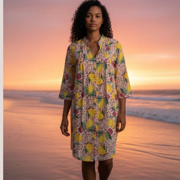 Γυναικείο καφτάνι 100% cotton πουκαμίσα μέχρι το γόνατο με υπέροχο σχέδιο λεμόνια και μπλέ σχέδια SP251981D5 One Size s-xl