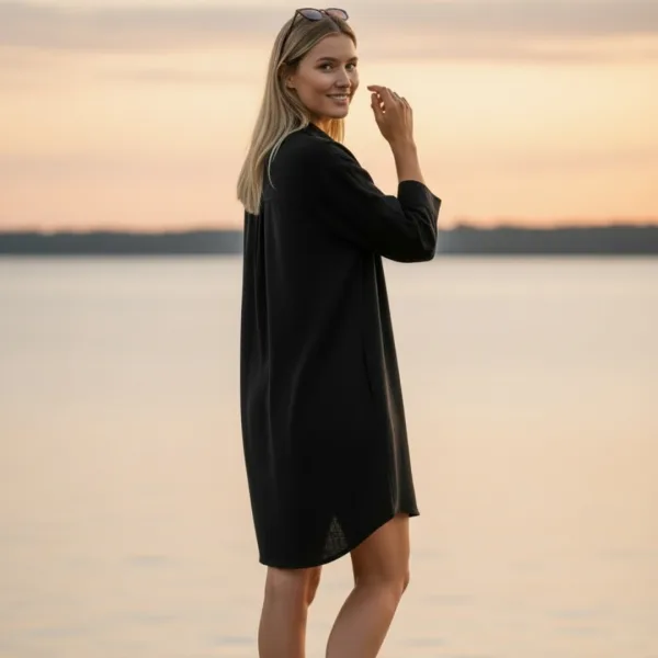 Γυναικείο καφτάνι Viscose & Cotton πουκαμίσα μέχρι το γόνατο μονόχρωμο Μαύρο SP25LN2494 Black One size απο S έως XL