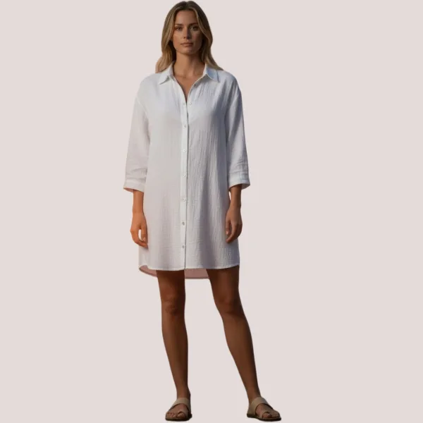 Γυναικείο καφτάνι Viscose & Cotton πουκαμίσα μέχρι το γόνατο μονόχρωμο Λευκό SP25LN2494 White One size απο S έως XL