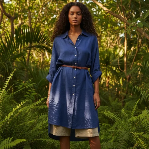 Γυναικείο καφτάνι Viscose & Cotton πουκαμίσα μέχρι το γόνατο μονόχρωμο μπλέ ρουά SP25LN2494 BLUE One size απο S έως XL