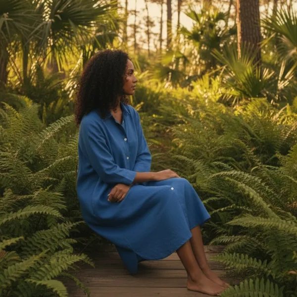 Γυναικείο καφτάνι Viscose & Cotton πουκαμίσα μέχρι το γόνατο μονόχρωμο μπλέ ρουά SP25LN2494 BLUE One size απο S έως XL