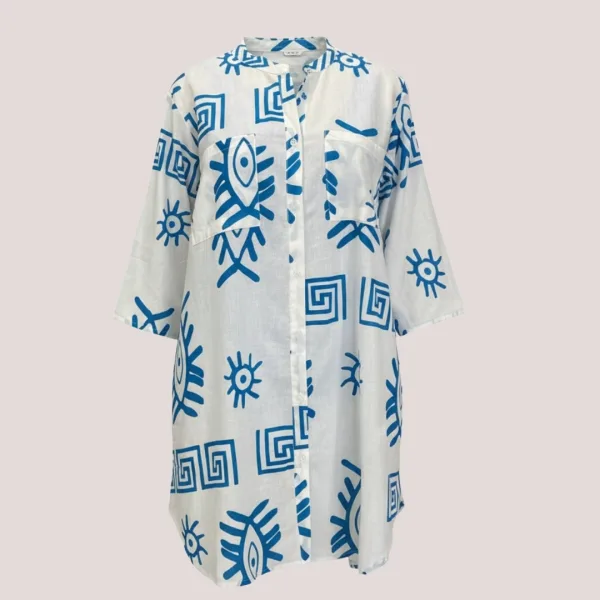 Γυναικείο λευκό & Μπλέ καφτάνι 100% cotton πουκαμίσα μέχρι το γόνατο  One size plus size με τσέπες μπροστά & σχέδιο μάτια & μοτίβα SP262515D2