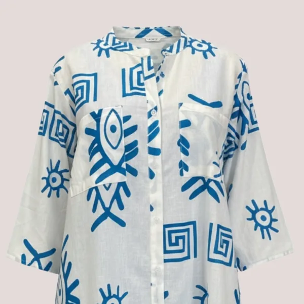 Γυναικείο λευκό & Μπλέ καφτάνι 100% cotton πουκαμίσα μέχρι το γόνατο  One size plus size με τσέπες μπροστά & σχέδιο μάτια & μοτίβα SP262515D2