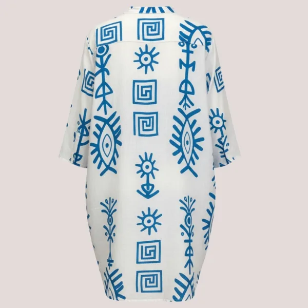 Γυναικείο λευκό & Μπλέ καφτάνι 100% cotton πουκαμίσα μέχρι το γόνατο  One size plus size με τσέπες μπροστά & σχέδιο μάτια & μοτίβα SP262515D2