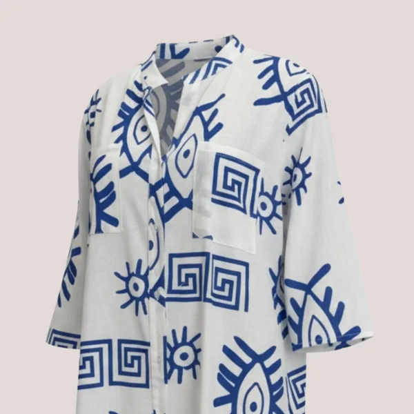 Γυναικείο λευκό & μπλέ σκούρο Blue Navy καφτάνι 100% cotton πουκαμίσα μέχρι το γόνατο  One size plus size με τσέπες μπροστά & σχέδιο μάτια & μοτίβα SP262515D2