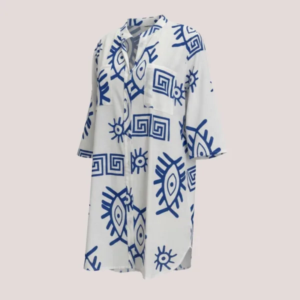 Γυναικείο λευκό & μπλέ σκούρο Blue Navy καφτάνι 100% cotton πουκαμίσα μέχρι το γόνατο  One size plus size με τσέπες μπροστά & σχέδιο μάτια & μοτίβα SP262515D2