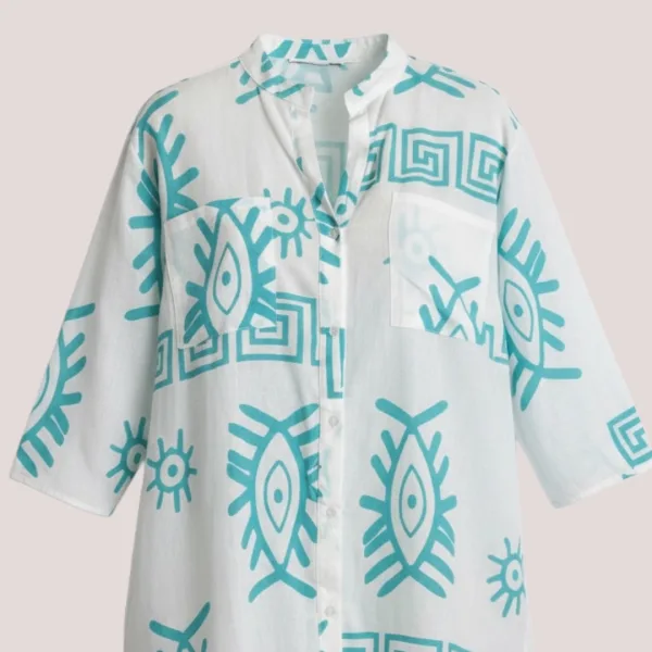 Γυναικείο λευκό & τυρκουάζ καφτάνι 100% cotton πουκαμίσα μέχρι το γόνατο  One size plus size με τσέπες μπροστά & σχέδιο μάτια & μοτίβα SP262515D2