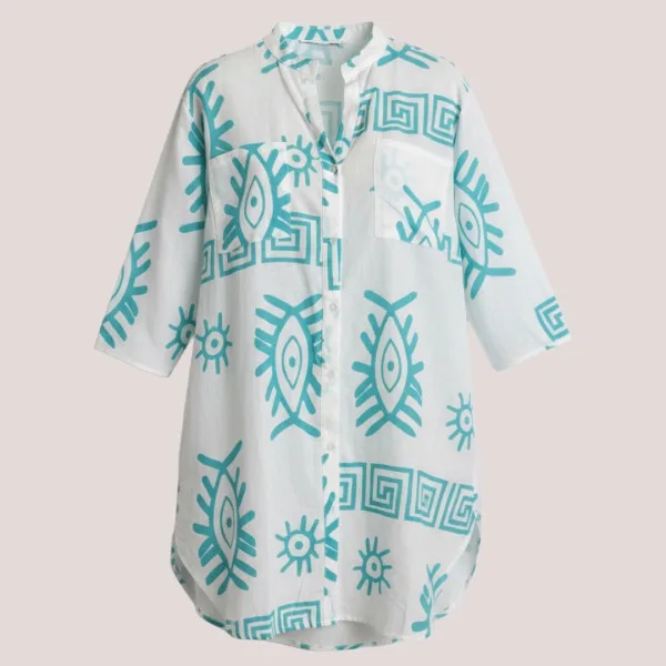 Γυναικείο λευκό & τυρκουάζ καφτάνι 100% cotton πουκαμίσα μέχρι το γόνατο  One size plus size με τσέπες μπροστά & σχέδιο μάτια & μοτίβα SP262515D2