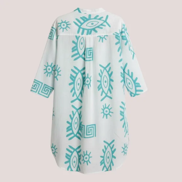 Γυναικείο λευκό & τυρκουάζ καφτάνι 100% cotton πουκαμίσα μέχρι το γόνατο  One size plus size με τσέπες μπροστά & σχέδιο μάτια & μοτίβα SP262515D2