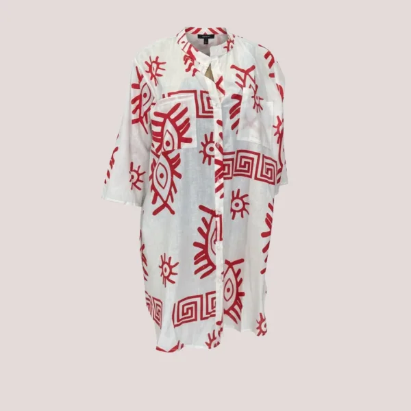 Γυναικείο λευκό & Κόκκινο καφτάνι 100% cotton πουκαμίσα μέχρι το γόνατο  One size plus size με τσέπες μπροστά & σχέδιο μάτια & μοτίβα SP262515D2