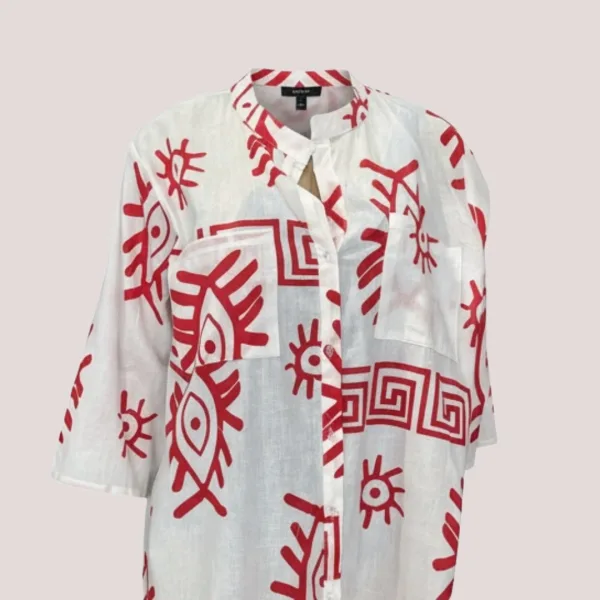 Γυναικείο λευκό & Κόκκινο καφτάνι 100% cotton πουκαμίσα μέχρι το γόνατο  One size plus size με τσέπες μπροστά & σχέδιο μάτια & μοτίβα SP262515D2