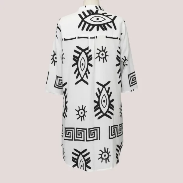Γυναικείο λευκό & Μαύρο καφτάνι 100% cotton πουκαμίσα μέχρι το γόνατο  One size plus size με τσέπες μπροστά & σχέδιο μάτια & μοτίβα SP262515D2