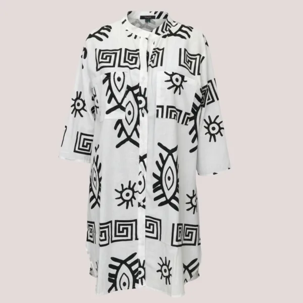 Γυναικείο λευκό & Μαύρο καφτάνι 100% cotton πουκαμίσα μέχρι το γόνατο  One size plus size με τσέπες μπροστά & σχέδιο μάτια & μοτίβα SP262515D2