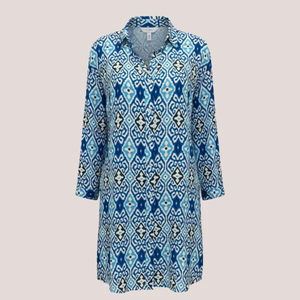 Γυναικείο καφτάνι 100% Viscose πουκαμίσα μέχρι το γόνατο με υπέροχο σχέδιο block print & έντονα χρώματα στις αποχρώσεις  του μπλέ SP262952D3